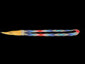 A beaded loop strap featuring a yellow-gold feathered end and a geometric pattern of red, blue, white, and black beads, shown against a solid black background.