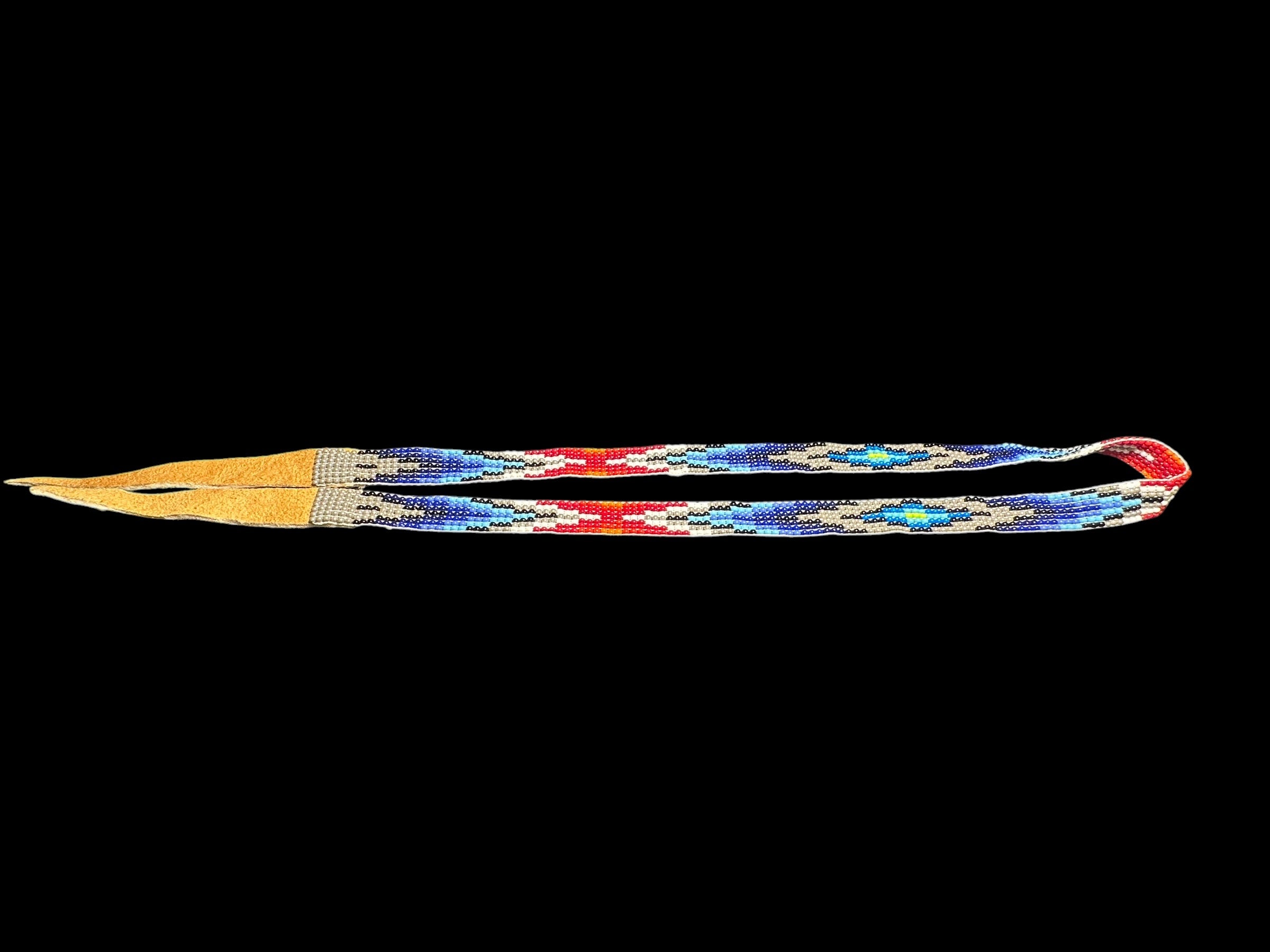 A beaded loop strap featuring a yellow-gold feathered end and a geometric pattern of red, blue, white, and black beads, shown against a solid black background.