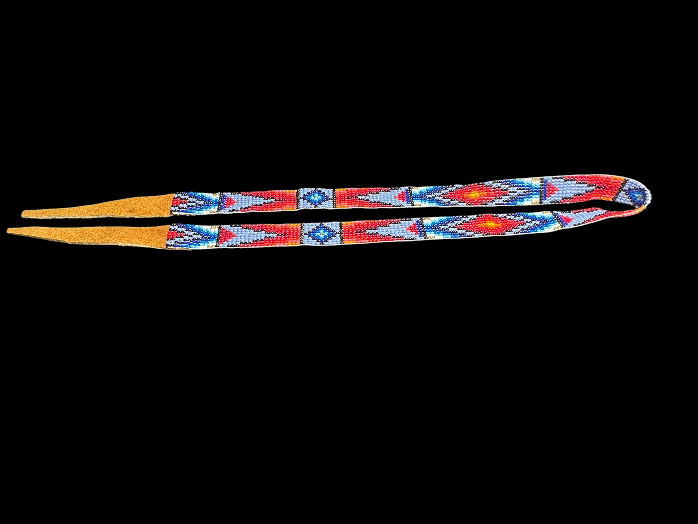 A beaded hat band with a geometric Southwestern-style pattern in red, blue, yellow, and white, featuring natural tan leather ends, shown against a solid black background.
